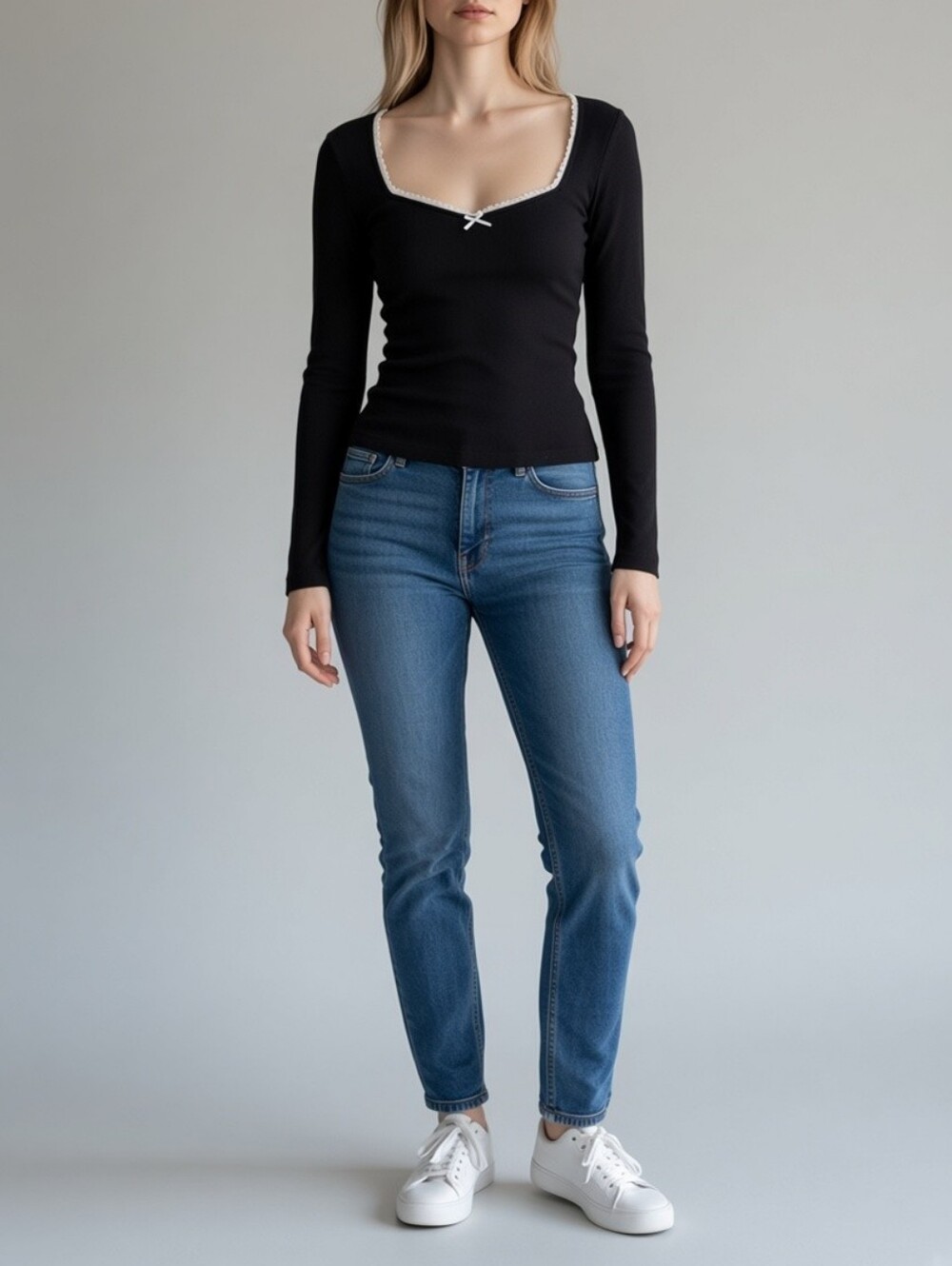 Womens Long-Sleeve Square Neck Top with Contrast Trim S Boho Retro 90s Y2K
